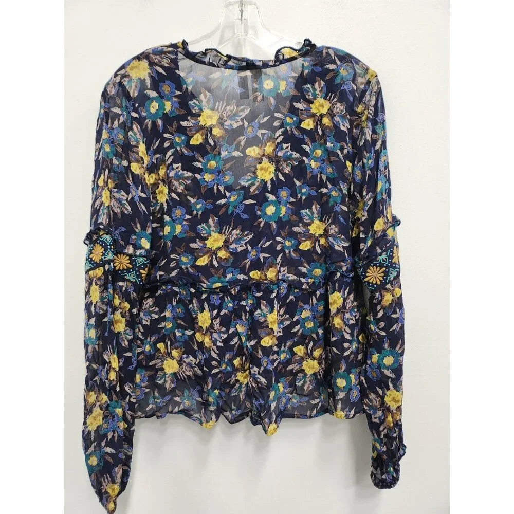 Meadow Rue by Anthropologie‎ Womens Peasant Top Medium Blue Floral Embroidered